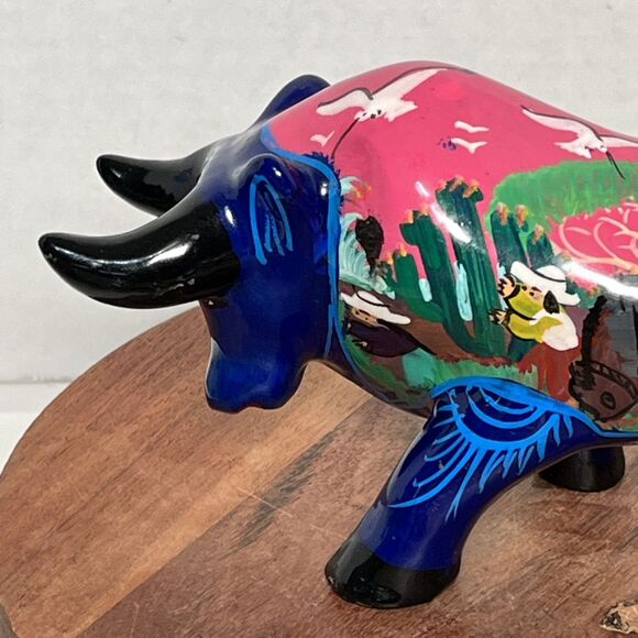 Talavera Blue Bull Steer Cow Storyteller Scene Hand Painted Mexican Folk Art - Picture 2 of 11